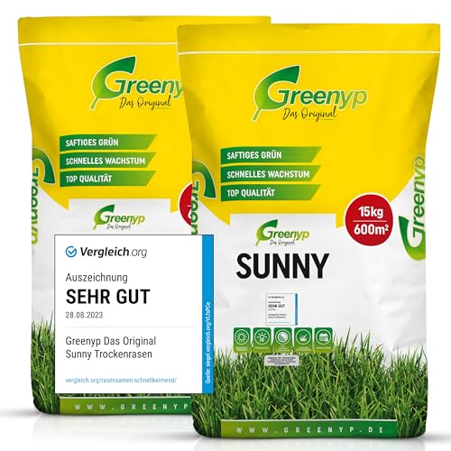 Greenyp® Sunny I dürreresistenter Trockenrasen I 25kg für 1000m² I Grassamen Rasensamen Rasensaat Gras Nachsaat schnellkeimend [Set]