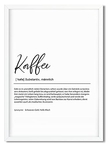 Urhome Kunstdruck Definition Kaffee mit Bilderrahmen Weiß in DIN A3 - Worterklärung wie im Duden Lexikon Wandbild Wanddeko mit Spruch Holz Rahmen für Wohnung Familie Freunde Geschenk