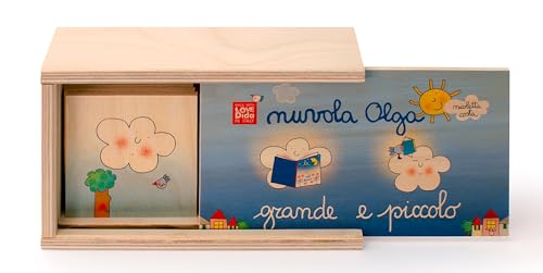 Dida - Lernspiel der Gegensätze/Antonyme - Groß und Klein mit Wolke Olga - 12 große Fliesen in Holzkiste, entworfen von Nicoletta Costa. Lernspiele für Mädchen und Kinder.