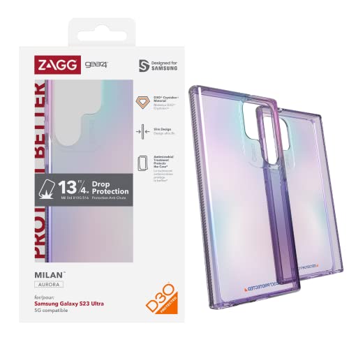 ZAGG Gear4 Milan D30 Protective Case for Samsung Galaxy S23 Ultra, 6.8in, Sleek, Slim, Shockproof, Scratch-Resistant, Solid Grip, Wireless Charging, (Aurora Transparent)