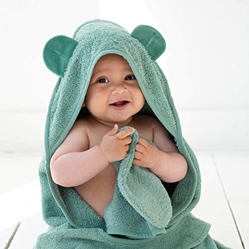 Kapuzenhandtuch - freihändiger Badeumhang für Ihr Baby mit Beinabschluss und Klettverschluss (Grün)