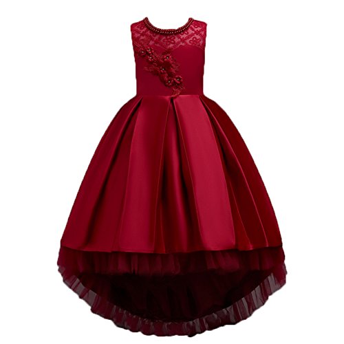 Wulide Kinder Mädchen Abendkleid Prinzessin Kleid Festkleid mit Blumen, Rot, Gr.116(Herstellgröße:120)