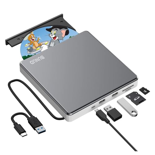 Externes CD-DVD-Laufwerk USB 3.0 Typ C CD/DVD ROM Brenner CD DVD +/-RW Optisches Laufwerk Leser mit 2 USB- und TF/SD-Steckplätzen schlanker tragbarer Writer Player für Laptop Mac MacBook Windows 11 10