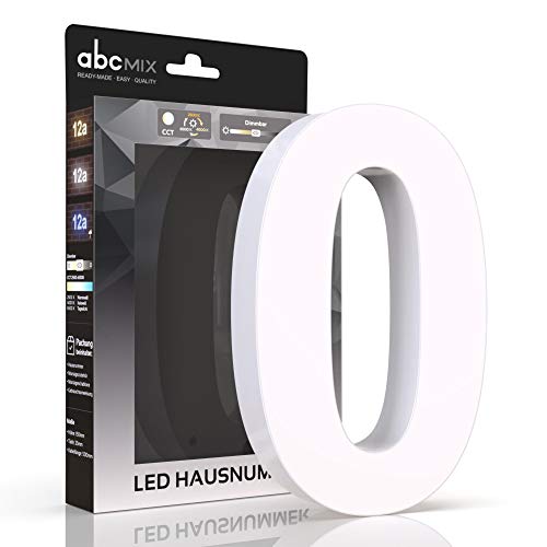 abcMIX LED Hausnummer, personalisierbare beleuchtete Hausnummer, Hausnummernleuchte mit LED - Hausnummer 0, Farbe WEIß