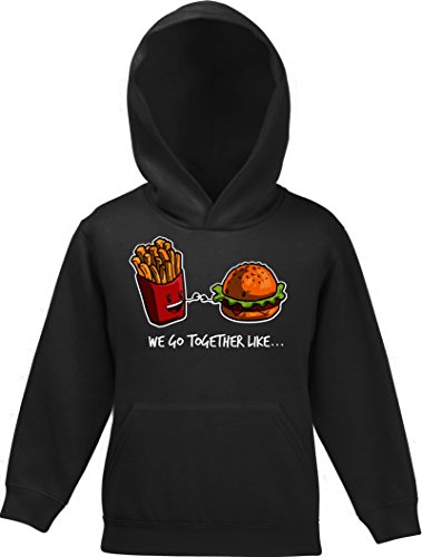 Valentinstag Kinder Kids Kapuzen Sweatshirt Hoodie - Pullover mit Fries + Burger Motiv, Größe: 128,Schwarz