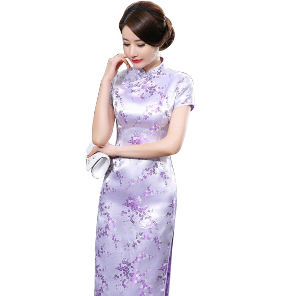 Kalaokei Cheongsam-Kleid, traditionelles Pflaumenblüten-Design, für Damen, chinesisches langes Cheongsam-Abendkleid, hellviolett, L