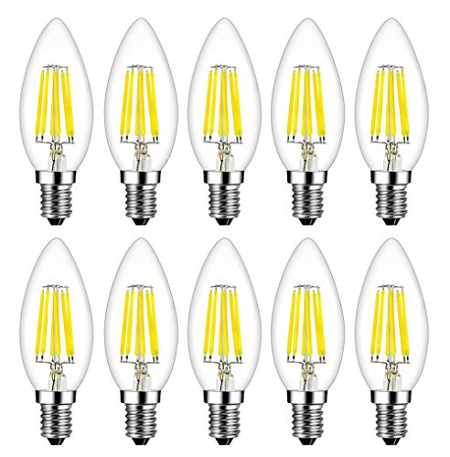 MENTA 6W E14 Filament LED Glühfaden LED Kerze Lampe 600LM, 6500K Kaltweiß, 6W ersetzt 60W, Classic Kerze Filament, Filament Fadenlampe, Retro, Klar, Glas, Nicht dimmbar, 2 Jahre Garantie, 10er-Pack