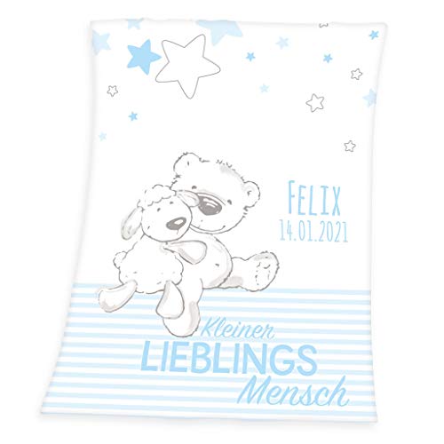 Wolimbo Flausch Babydecke mit Namen und Lieblingsmensch HELLBLAU - personalisierte/individuelle Geschenke für Babys und Kinder zur Geburt, Taufe und Geburtstag - 75x100 cm