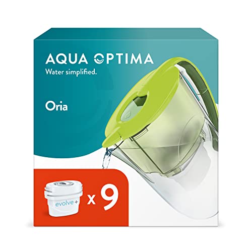 Aqua Optima Oria Wasserfilterkanne & 9 x 30 Tage Evolve+ Wasserfilterkartusche, 2,8 Liter Fassungsvermögen, zur Reduzierung von Mikroplastik, Chlor, Kalk und Verunreinigungen, Grün