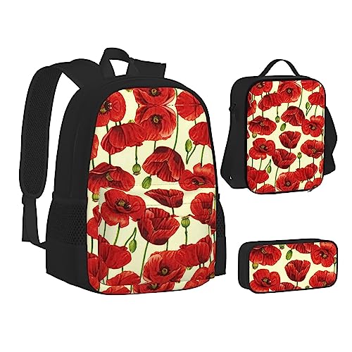 Rote Mohnblumen-Rucksack, Schul-Büchertaschen-Set, Lunch-Tasche, Federmäppchen, Schulrucksäcke für Teenager, Mädchen, Jungen, Rote Mohnblume, Einheitsgröße, Schulrucksack