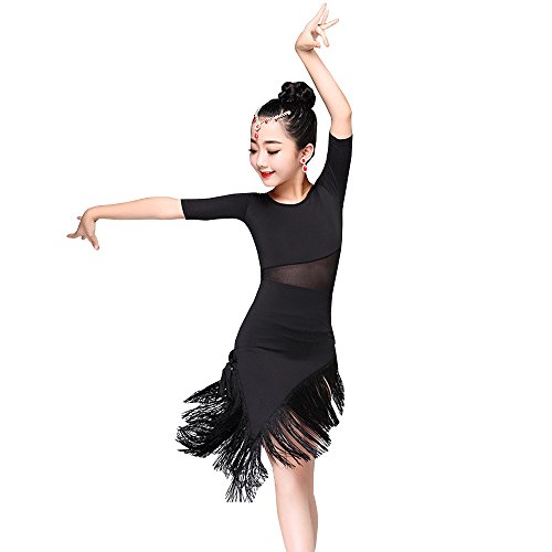 KINDOYO Mädchen Kinder Tanz Kleidung Quaste Saum Latein Tanzkleid Übung Performances Wettbewerb Kostüm, Schwarz/160