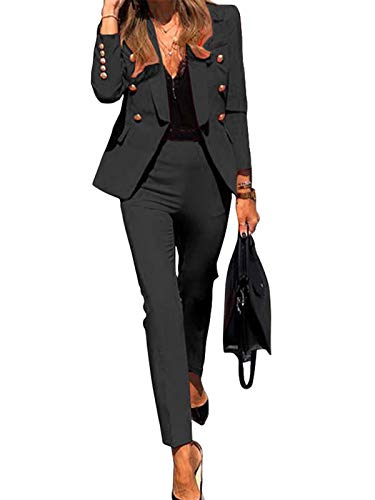 Minetom Damen Zweiteiliger Anzug Set Revers Business Büro Formal Blazer Langarm Anzugjacke Hosenanzug Slim Fit Hose 2 Stück A Schwarz 34