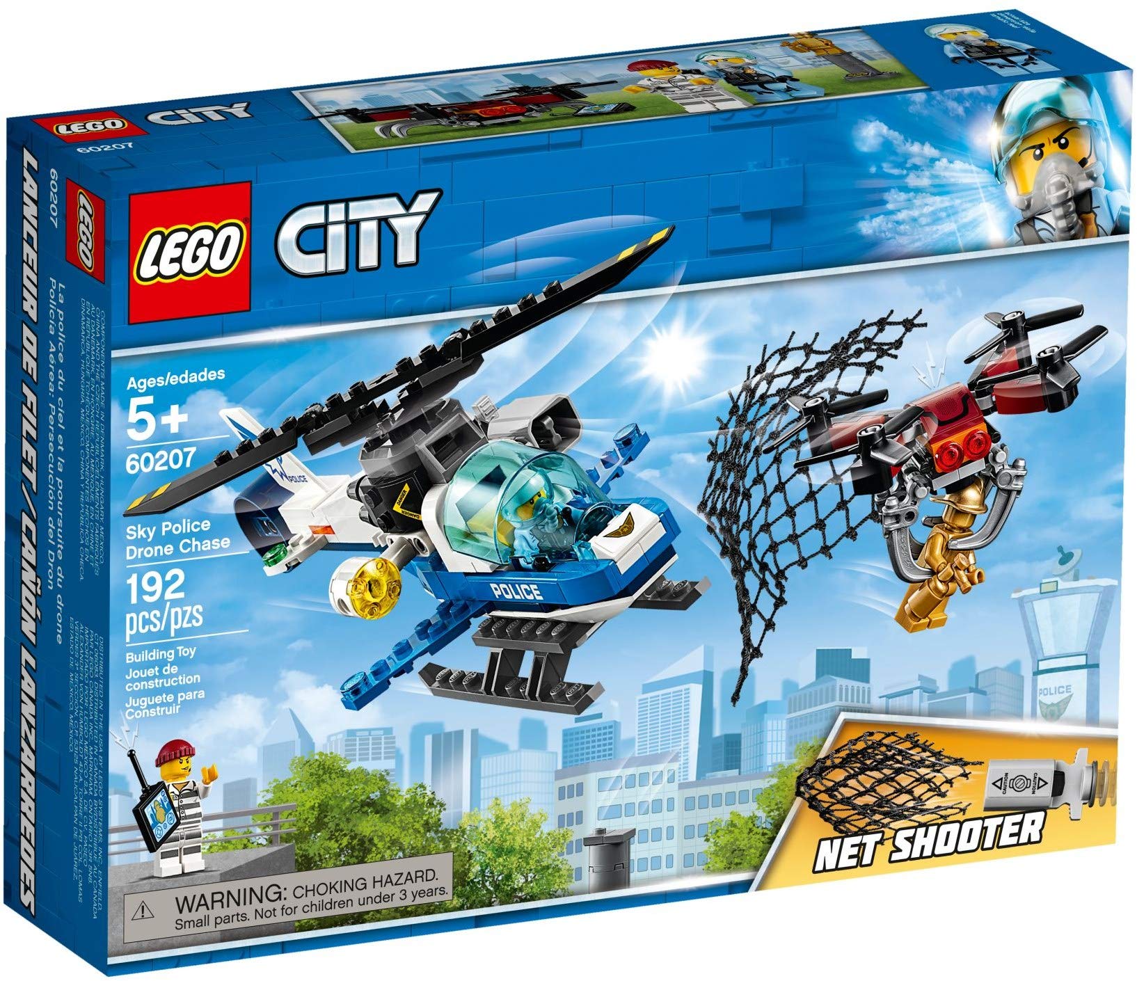 LEGO 60207 City Polizei Drohnenjagd, Hubschrauberspielzeug mit Netzkanone, Gefängnisausbruch Sets für Kinder