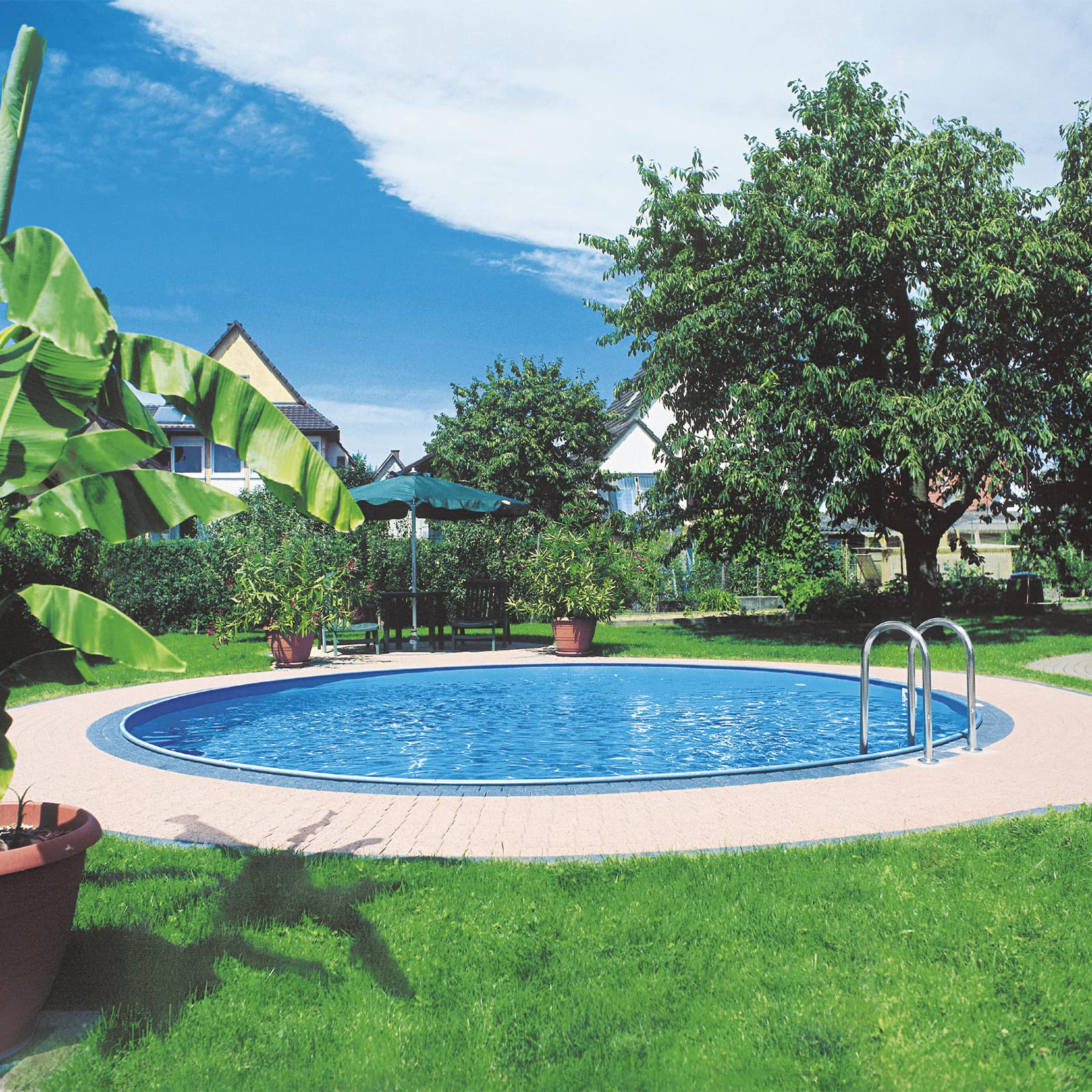 well2wellness® Sunny Pool 450x150 cm Rundbecken Set | Schwimmbecken | Relax Pool | Rundpool | Stahlwandpool | Komplettset | Innenhülle blau 0,6mm | PVC-Handlauf