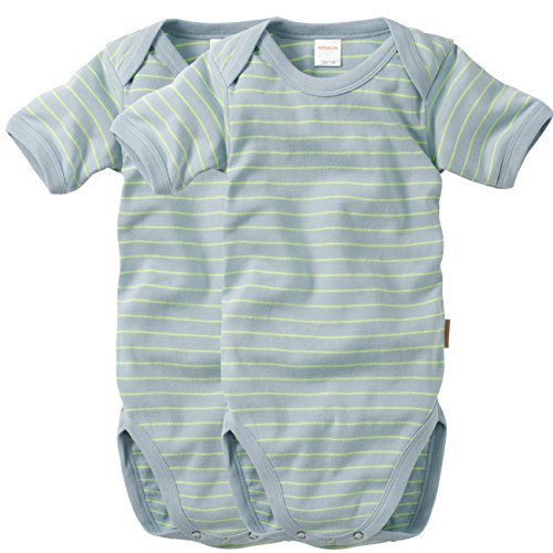 WELLYOU, 2er Set Kinder Baby-Body Kurzarm-Body, hell-blau neon-gelb gestreift, Geringelt, für Jungen und Mädchen, Feinripp 100% Baumwolle, Größe 128-134