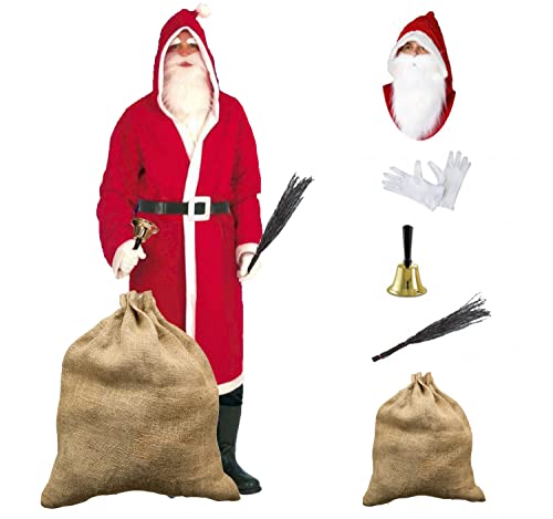Weihnachtsmann-Kostüm 6-tlg. komplett-Set Mantel mit Gürtel Bart Rute Sack und Glocke
