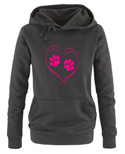 Comedy Shirts - Herz Pfote2 - Damen Hoodie - Schwarz / Pink Gr. L