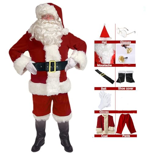 EXQUILEG Weihnachtsmann Kostüm für Herren, Weihnachtsmannkostüm mit Mütze Bart Gürtel und Handschuhe - Weihnachtskostüm Nikolauskostüm Weihnachtskostüme Kostüme (9-Teiliges,XXXL)