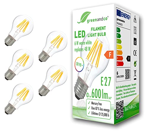 greenandco 5x CRI90+ Glühfaden LED Lampe ersetzt 48 Watt E27 Birne, 6W 600 Lumen 2700K warmweiß Filament Fadenlampe 360° 230V AC nur Glas, nicht dimmbar, flimmerfrei, 2 Jahre Garantie