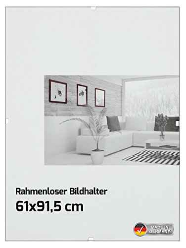 Rahmenloser Bildhalter Bilderrahmen für Maxi Poster - Größe 61 x 91,5 cm, Rahmenlos, 14 Metall-Klemmen - Antireflex Acrylglas