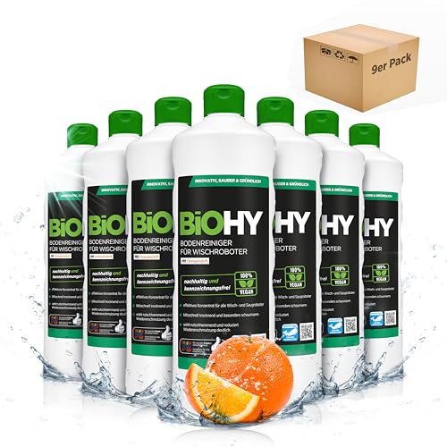 BiOHY Bodenreiniger für Wischroboter mit Orangenduft (9 x 1 Liter) | Reinigungsmittel Konzentrat für alle Wischroboter | Schaumarm & Streifenfrei | Nachhaltiges 1:200 Konzentrat