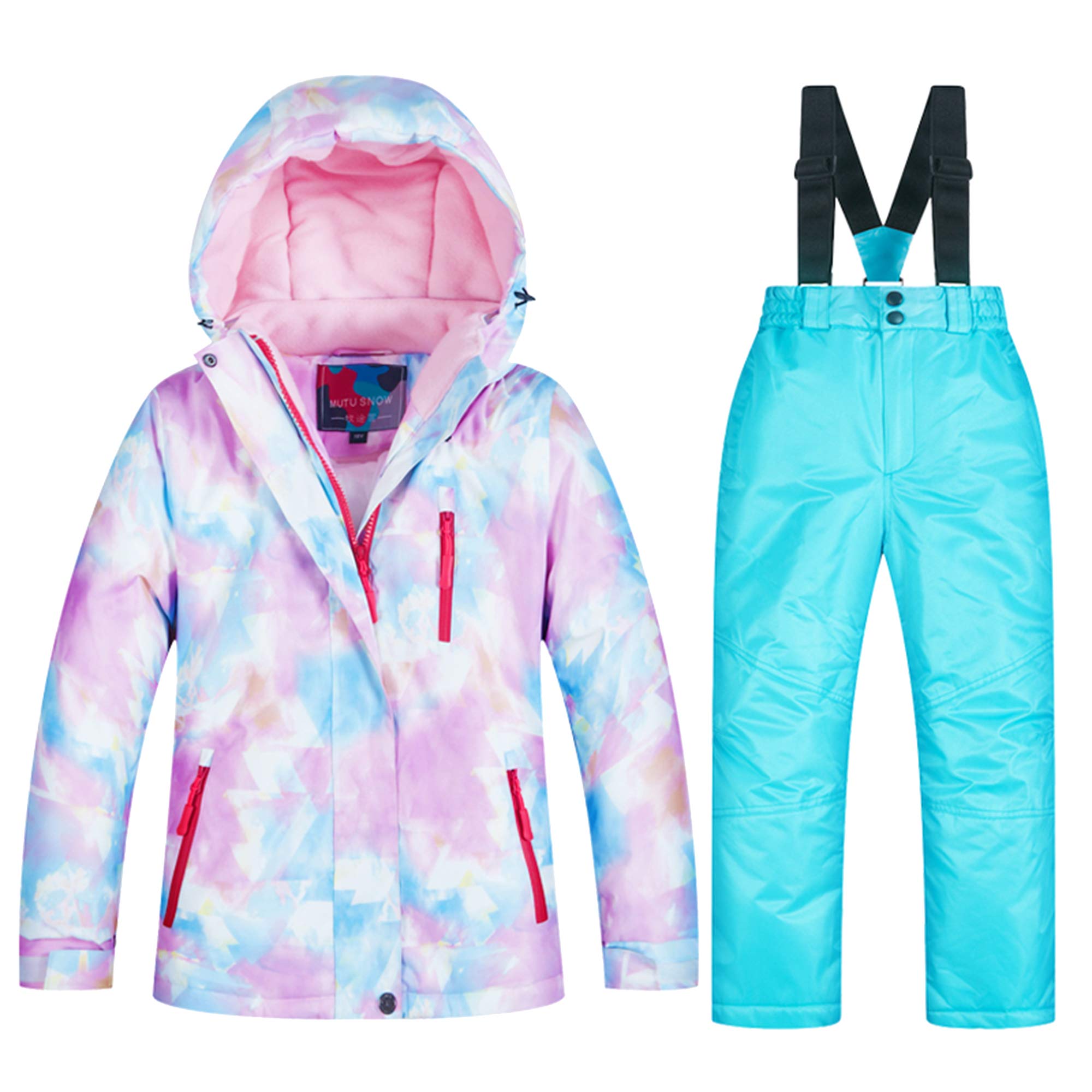 LPATTERN Kinder Jungen/Mädchen Snowboard & Skifahren Bekleidung Zweiteilig Skianzug Schneeanzug Outfit-Set Winddicht Wasserdicht (Skijacke+ Skihose mit Trägern), Mädchen 1+Hellblau, 122-128(Label:10)