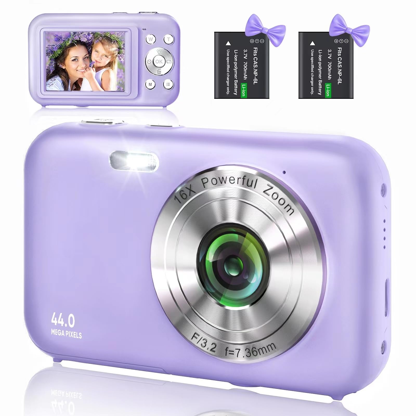 Digitalkamera, Fotokamera Kompaktkamera HD 1080P 44MP, Kamera fotokamera Fotoapparat, Wiederaufladbare Digital Kamera mit 16X Digitalzoom digicam für Kinder, Erwachsene, Mädchen, Jungen(Lila)