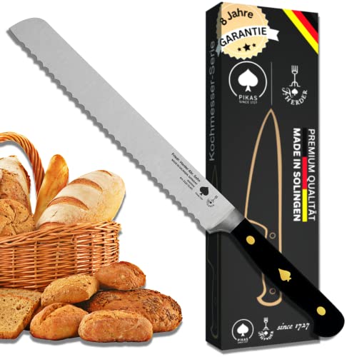 Brotmesser Premium aus Solingen, Extrascharf, Rostfrei, Klingenlänge 21 cm im Wellenschliff – Spülmaschinengeeignet, Deutschland