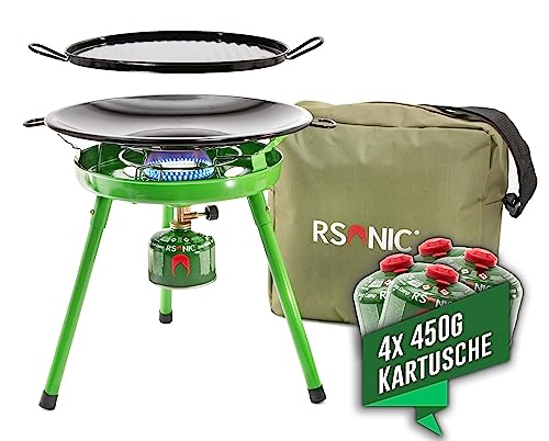 Rsonic Stand Gasgrill mit Kartuschen Dreibein Camping Gaskocher mit WOK und Grillplatte | Campingkocher Gasherd mit Tasche (4x 450g Kartusche)