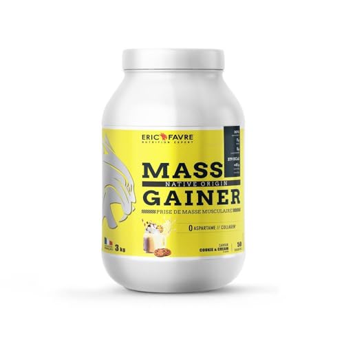 Mass Gainer + 61 % Kohlenhydrate, 30 % Protein, schnelle Masse, Gewichtszunahme und Muskelmasse – Eric Favre – Cookies 3 kg