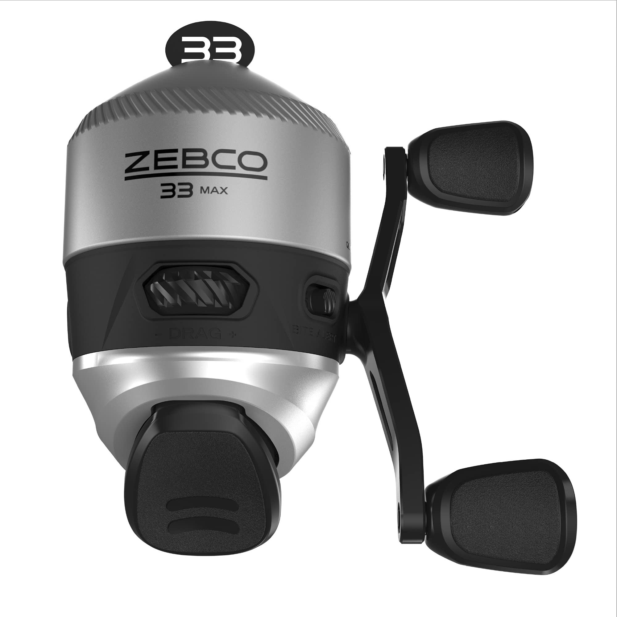 Zebco 33 MAX Spincast Angelrolle, glatt und leistungsstark, 2:6:1 Übersetzungsverhältnis und Quickset Anti-Reverse mit Bissanzeiger, Leichter Graphitrahmen und einstellbarem Drehrad, Silber/schwarz