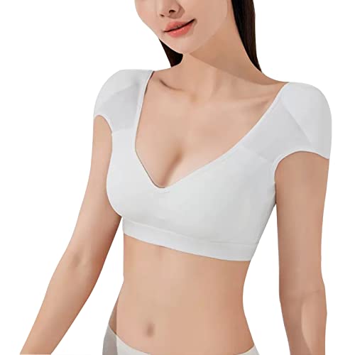 Frauen Sexy Casual T-Shirts 2 in 1 Built-in Schulterpolster Push-Up Tops, BH mit Brustpolster(M,White)