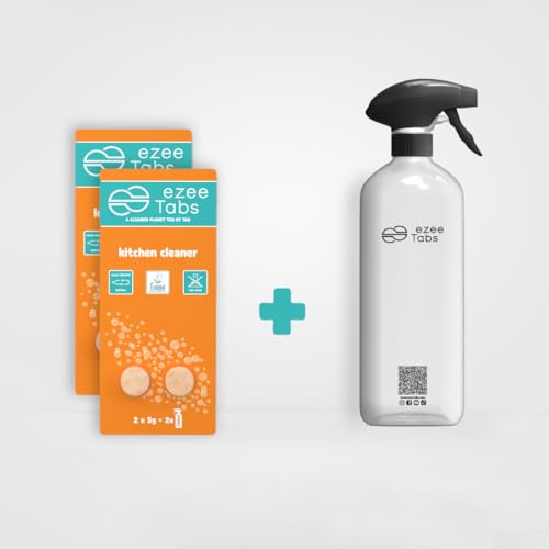 EzeeTabs Küchenreiniger Bundle – Reinigungstabs für ein mikroplastikfreies, biologisch abbaubares und veganes Putzmittel – 4 x Reiniger mit Fettlösekraft und 1 x wiederverwendbare Flasche