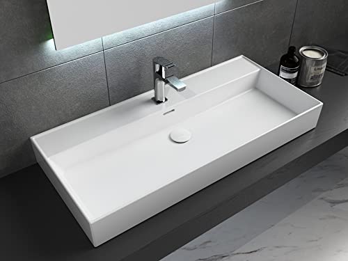 Aqua Bagno | Waschbecken im modernen Loft Air Design | Eckig | Wand-Waschbecken | Möbelwaschtisch | Waschtisch aus Keramik | Weiß | 1012 x 465 x 120 mm