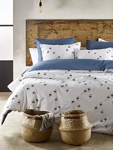 De Witte Lietaer Hiroshi Bettwäsche, Bettbezug und Kissenhüllen, Baumwolle, Weiß/Blau, 200 x 220 cm