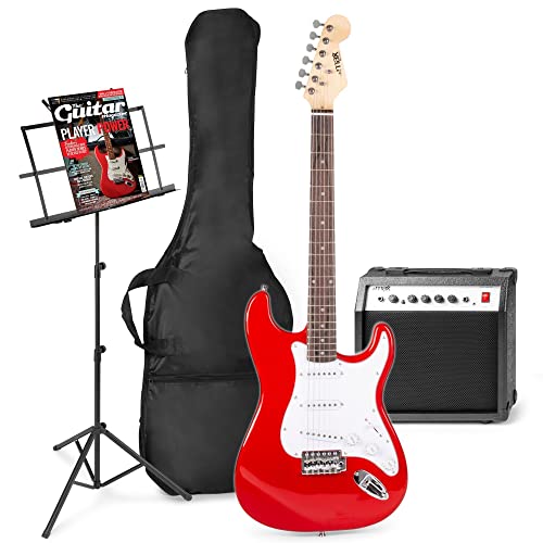 MAX GigKit E-Gitarre Set - Gitarrenverstärker 40 Watt, Electric Guitar, Notenständer, Gitarrentasche, Stimmgerät, Instrumentenkabel, Gitarrengurt und Zubehör - Rot
