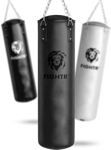 FIGHTR® Premium Boxsack - hoher Schlagkomfort & sehr Robust | gefüllter 30KG Punching Bag hängend 120x35cm inkl. Heavy Kette für Boxen, Kampfsport, MMA (gefüllt, All Black Vinyl)
