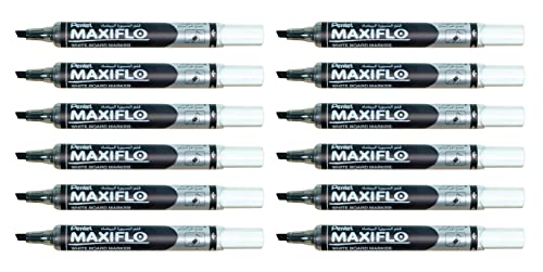 Pentel Maxiflo Whiteboard-Marker, trocken abwischbar, schmale abgeschrägte Spitze, Schwarz, 12 Stück
