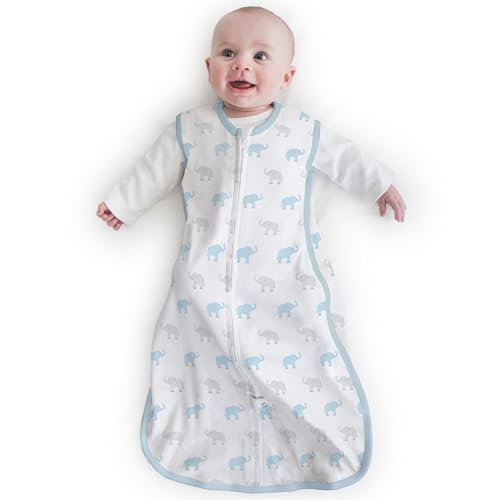 Amazing Baby von SwaddleDesigns, Wunderbarer Schlafsack aus Baumwoll mit 2-Weg-Reißverschluss, Winzige Elefanten, Hellblau, Groß, 12-18 Monate