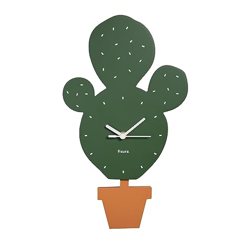Fisura Original Cactus Wanduhr Stille Wanduhr 38 x 20 Zentimeter Küchenuhr grün Pendeluhr Holz ABS 1 x AA Batterie