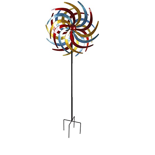 XXL Metall Windrad Tricolor aus Metall (Rot, Gelb, Petrol) Windspiel Höhe ca. 210 cm ca. Ø 61 cm tolle Gartendekoration