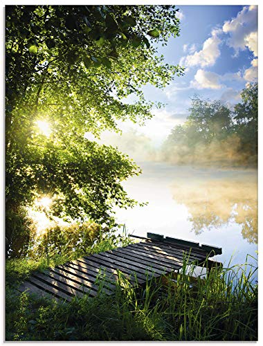 Artland Qualitätsbilder I Glasbilder Deko Glas Bilder 60 x 80 cm Landschaften Gewässer Foto Grün C8UR Angelsteg am Fluss am Morgen