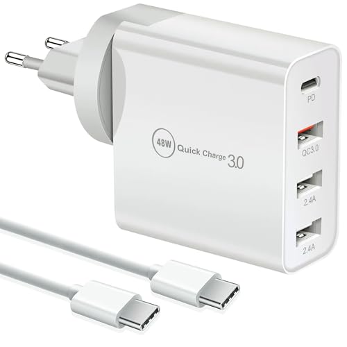 48W USB C Ladegerät, Schnellladegerät 4 Ports Quick Charger PD 3.0 Mehrfach kompatibel mit iPhone 15/14/13/12,Se, İpad, Samsung Galaxy, Huawei, Xiaomi, Power Adapter, USB A und Type C Netzeil