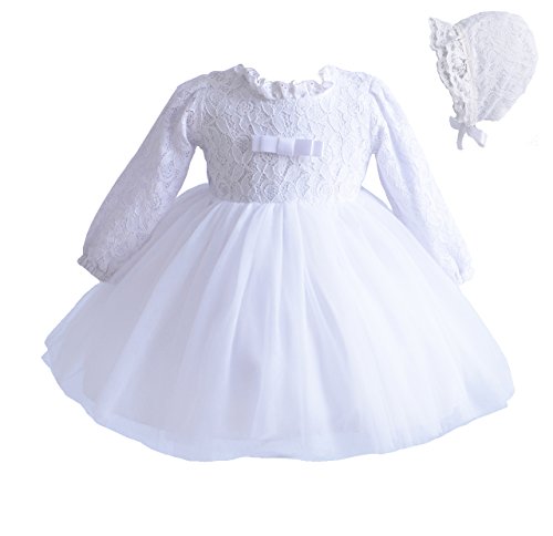 Cinda Baby-Lange Hülsen-Spitze-Tauf-Party-Kleid und Mütze 62-68 Weiß