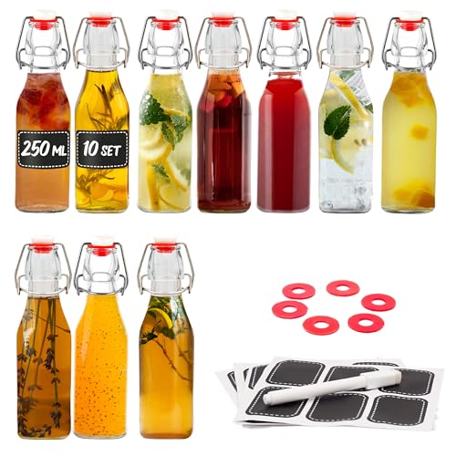 Praknu 10er Set Glasflaschen 250ml Bügelverschluss Eckig - Bügelflaschen Zum Befüllen - inkl. 10 Extra Dichtungen & 10 Etiketten mit Stift - Glasflaschen für Öl, Essig, Saft & Limonade