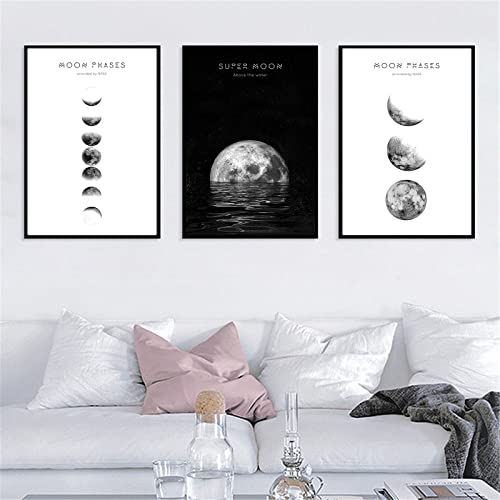 Hava Kolari Poster Set, 3er Set Wandposter Mondphase, Nordic Poster Modern Schwarz Weiß Bilder Wandbilder Poster Set für Wohnzimmer, Schlafzimmer Deko (40x50 cm,B)