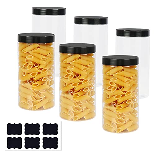 Yishik Runde Kunststoffdosen mit schwarzem Deckel, 1000 ml, transparent, Vorratsdosen für Pasta/Bohnen/Kekse, zur Aufbewahrung von Schleim und Bastelarbeiten (6 Etiketten im Lieferumfang enthalten)