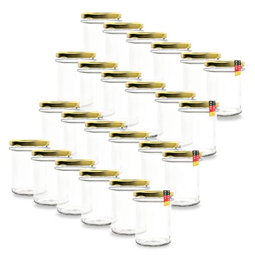 flaschenbauer.de 24er Set Sturzgläser 230 ml inkl. Schwarze Twist Off Deckel TO66-82 zum Einmachen von Suppen, Dips oder zur Aufbewahrung von Tee und Kräuter (TO66, Gold)