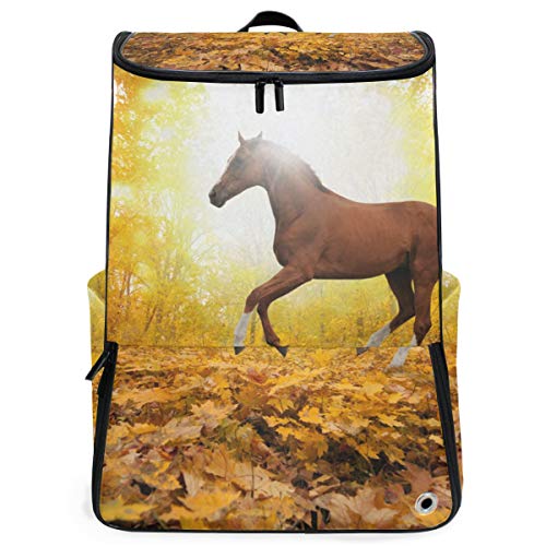 FANTAZIO Laptop-Rucksack für unterwegs, Motiv: Pferd im Ahornblätter, langlebig, für Schule und Schule, für Outdoor, Camping, passend für bis zu Notebook