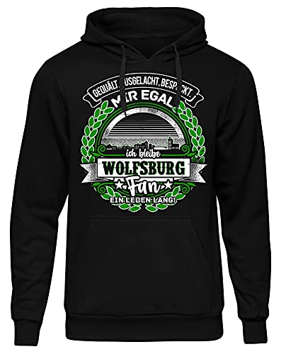 Uglyshirt87 EIN Leben lang Wolfsburg Herren Kapuzenpullover | Stadt - Wolfsburg Skyline - Fussball - Sport - Wolfsburg Pullover - Ultras - Hoodie | Schwarz (L)